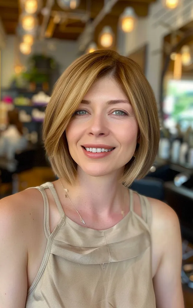 Tępy bob do brody z częścią boczną na grubych włosach' title=