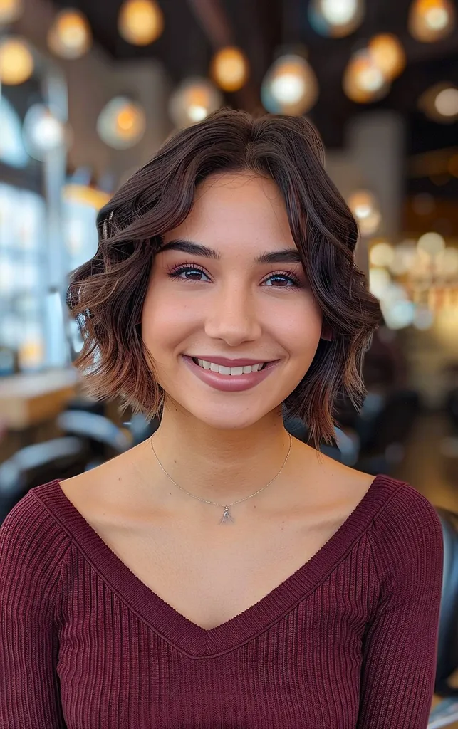 Falisty bob do brody z warstwami podkreślającymi teksturę i wymiar' title=