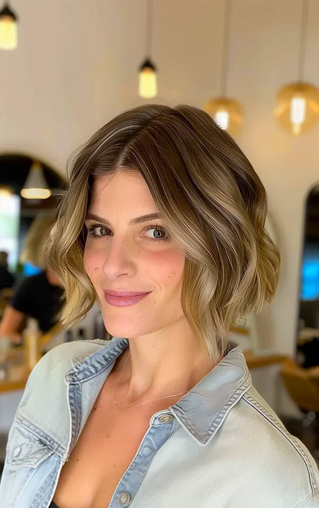 Falowany bob do brody z refleksami balayage na ciemnych włosach' title=