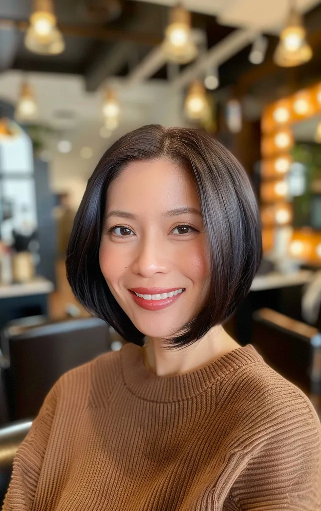 Elegancki bob do brody z środkową częścią na ciemnych, prostych włosach' title=