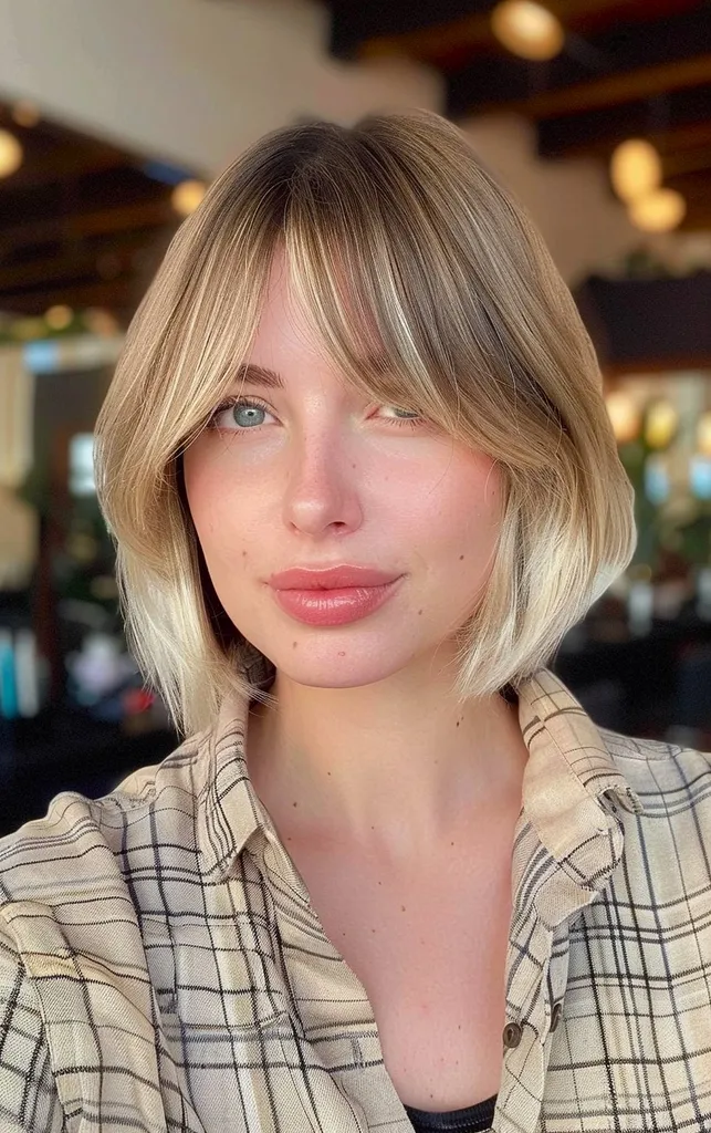 Bob do brody z grzywką kurtynową i miękkimi warstwami' title=