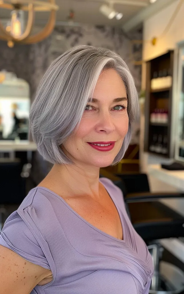 Srebrny bob do brody z warstwami przesuniętymi na bok' title=