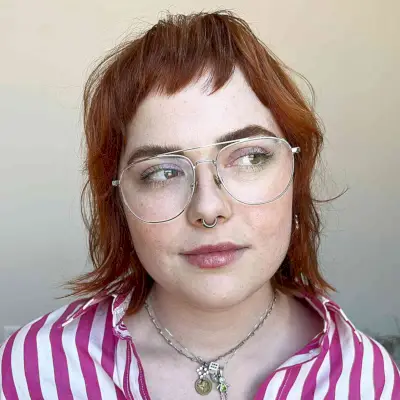 Copper Red Short Fringe for Thin Hair and ladies in their 30s who wear glasses