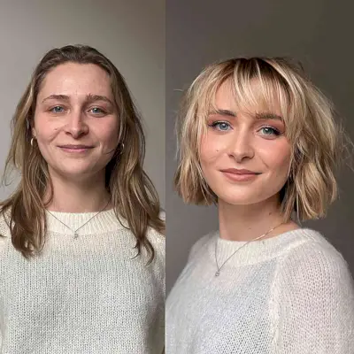 Tousled Blonde Short Blunt Bob for Thin Hair and for women who want bangs