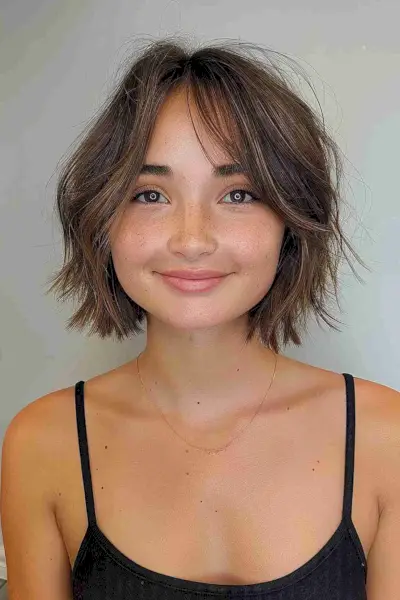 Tousled chin-length bob with wispy bangs for youthful, oval-faced individuals with fine hair.