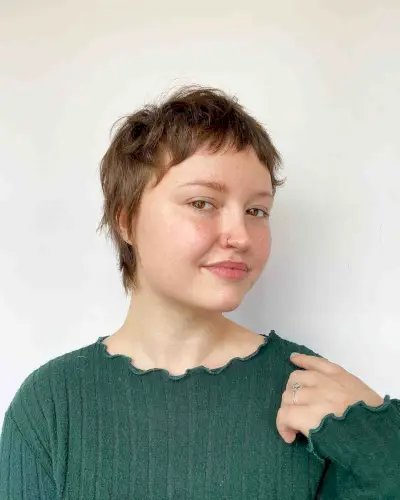 Brunette Pixie Shag with Baby Bangs for Thin Hair