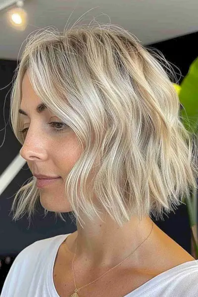Chin-length wavy blonde bob enhancing volume for thin hair