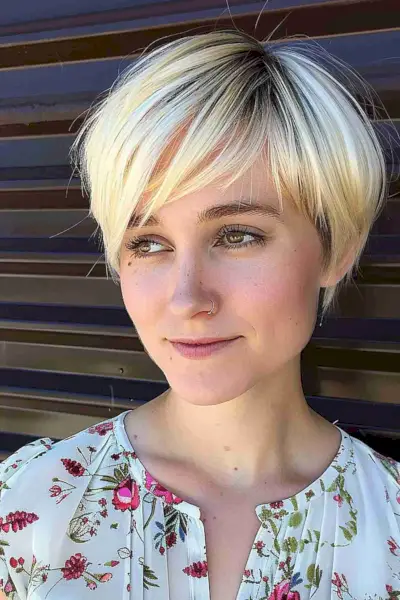 Tousled blonde pixie cut with dynamic highlights for a heart-shaped face, showcasing volume for fine hair