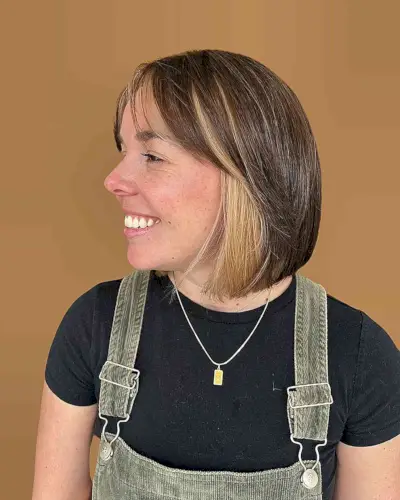 Short-Length Brown Bubble Bob with Blonde Underlights for Thinner Hair