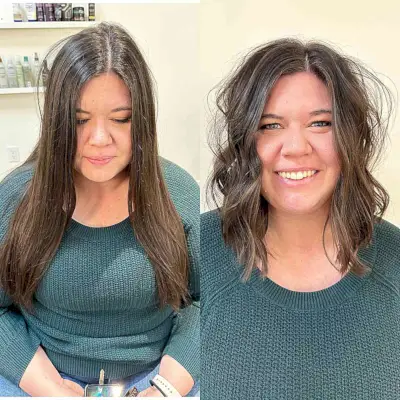 Side parted long bob on a woman with a round faces
