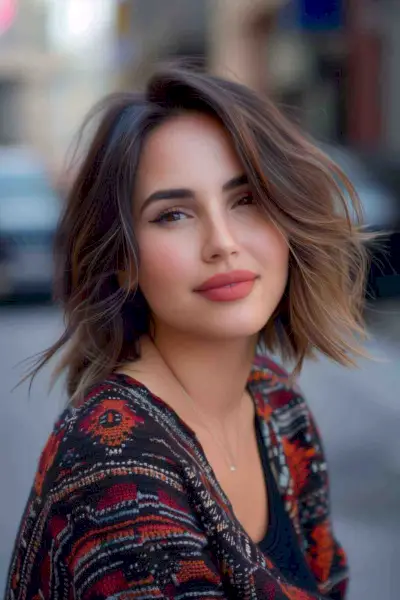 Woman with short wavy balayage bob haircut for round face