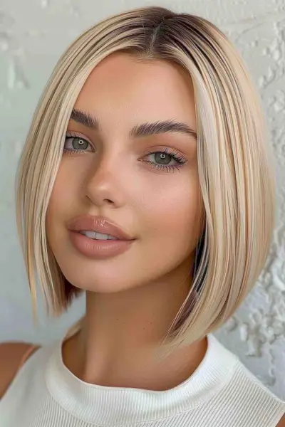 Sleek platinum blonde bob and shadow roots for woman with round face