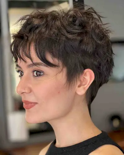 Dark Brown Textured and Tousled Pixie with Fringe