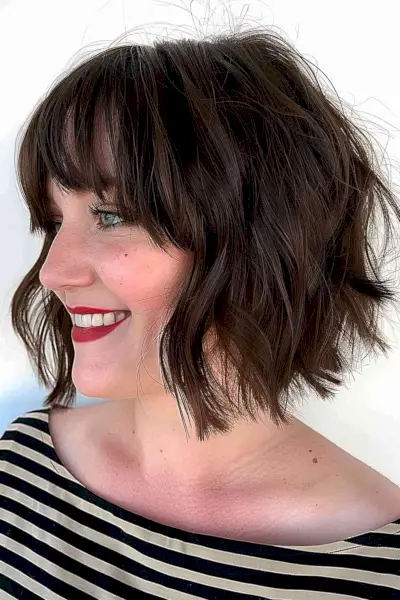 Chic dark brunette wavy bob with a full fringe, perfect for a playful yet refined style