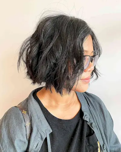 Wavy Chin-Length Razor Cut Bob on Thick, Dark Hair