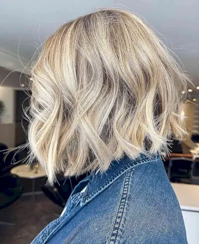 Neck-Length Dimensional Blonde Bob with Thick Waves