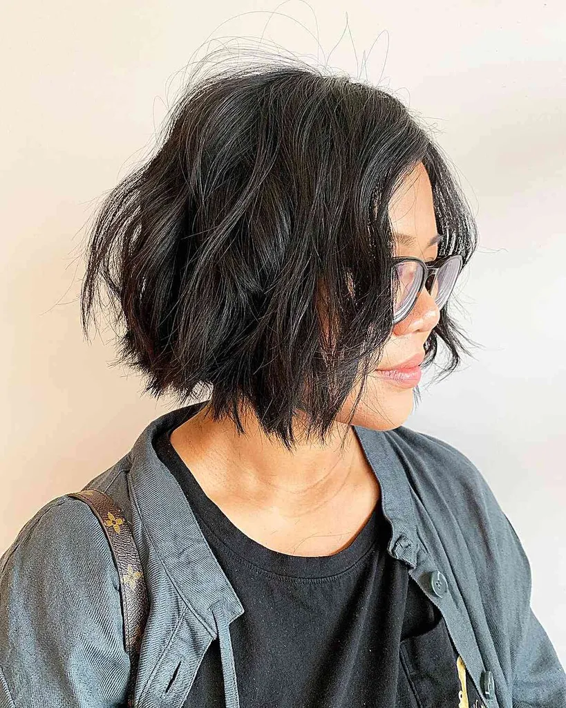 סנטר גלי באורך סנטר גזור בוב על שיער כהה עבה' title=