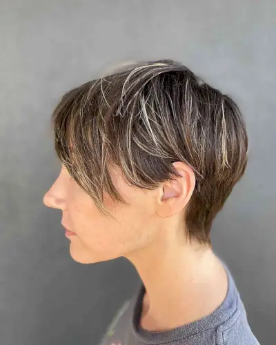 Short Beautiful Dark Pixie with Caramel Highlights