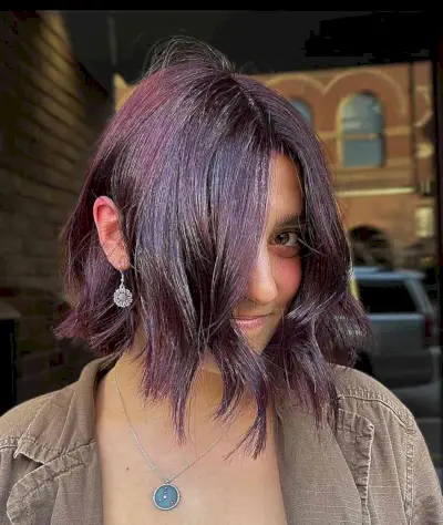Midnight Purple Wavy Bob with Middle Part