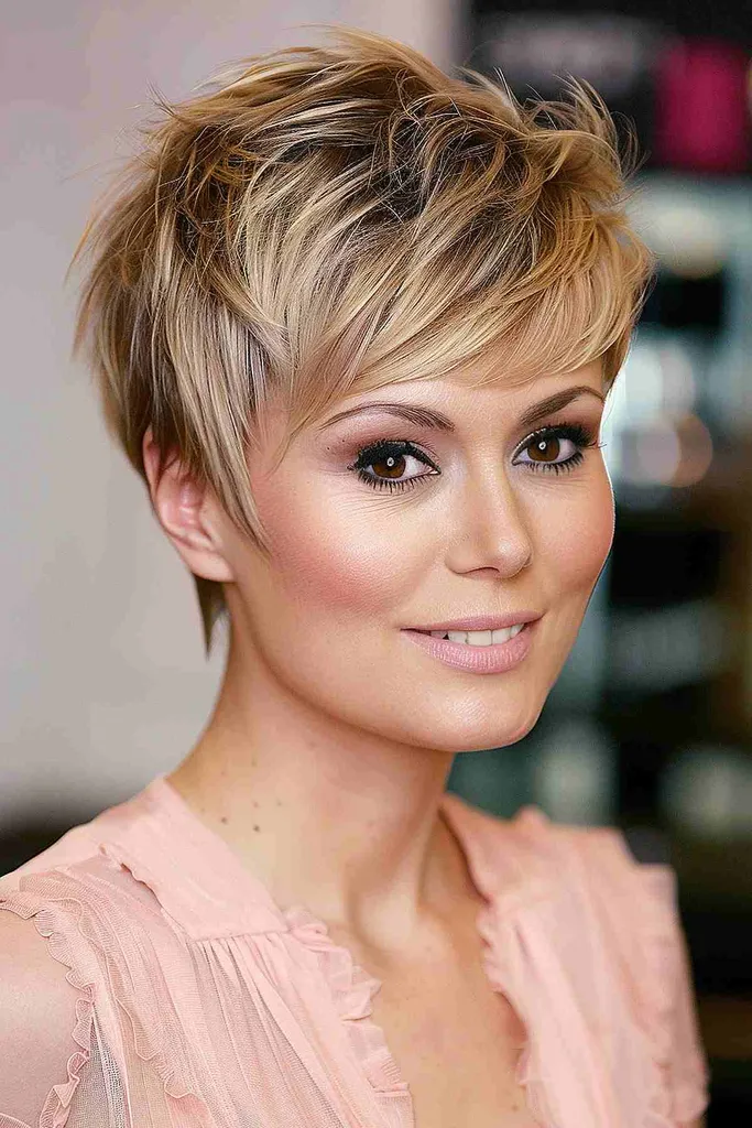 Ženska z blond večplastnim pixie prirezkom, ki ponuja volumen in podolgovat videz za okrogle oblike obraza, poudarjene z blond toni.' title=