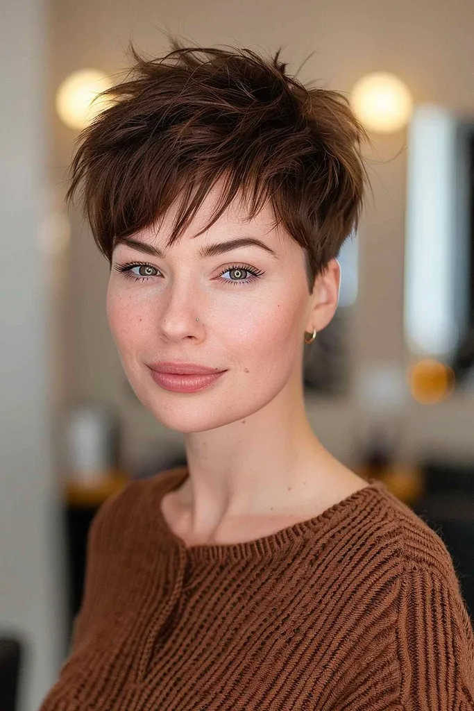 Ženska, oblečena v rjav pulover, se nežno nasmehne svojemu rjavolaskam, pernatemu pixie prirezku, oblikovanem z mehkimi plastmi in teksturiranim šiškom za naraven videz, ki ne potrebuje vzdrževanja.' title=