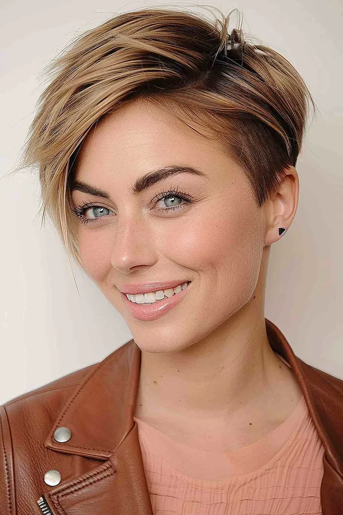 Ženska z elegantnim pixie prirezkom s perjem, s poudarjenimi plastmi na stranskem delu in širokim frufrujem, ki nudijo voluminozen in teksturiran videz.' title=