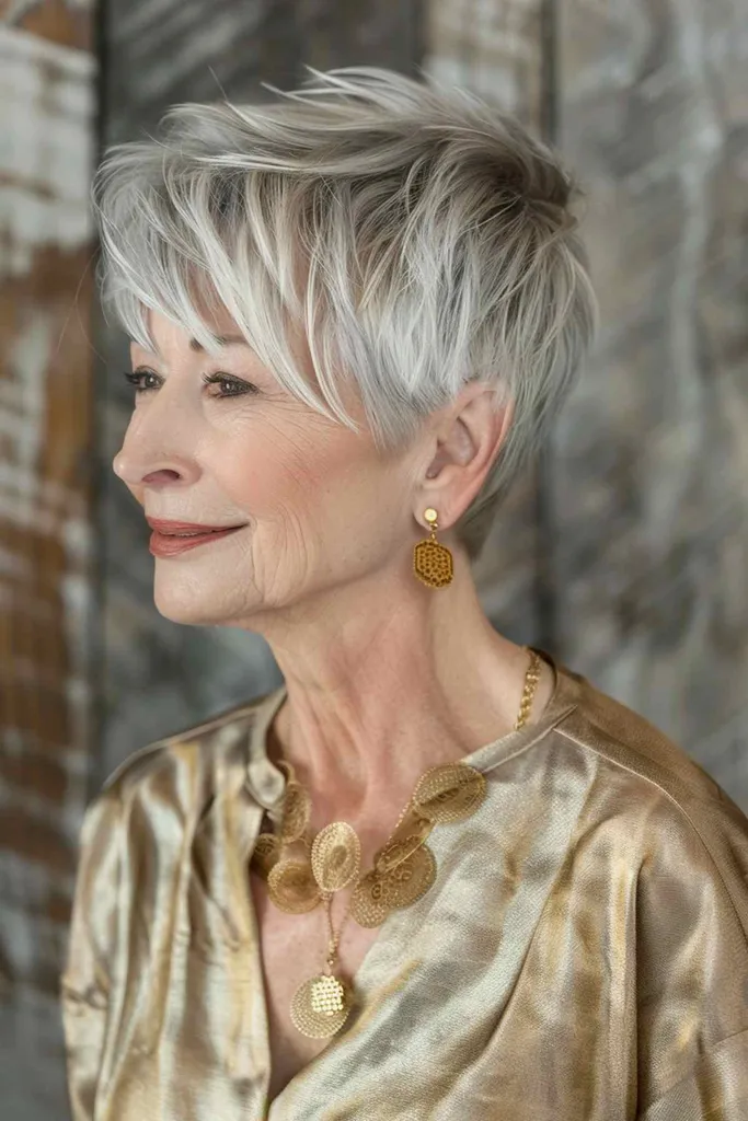 Starejša ženska v zlati bluzi z elegantnim pixie krojem z naravnimi sivimi in srebrnimi poudarki, ki izžarevajo eleganco in prefinjenost.' title=