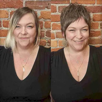 Light Brown Pixie Cut with Bangs for Thin hair and for women with a square face shape