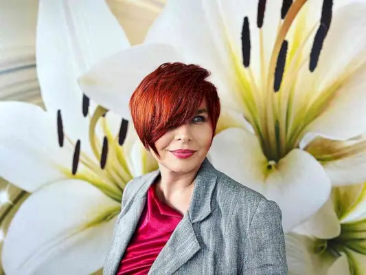 Vibrant Red Long Pixie with Long Bangs