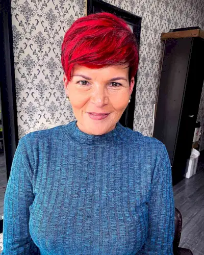 Bright Red Pixie with Swept Bangs