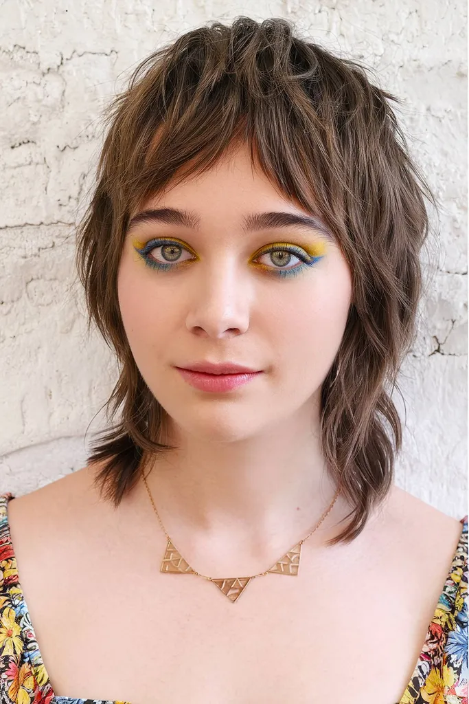 Tunsoare scurtă din anii ’70, cu breton de perdea și straturi de încadrare a feței' title=