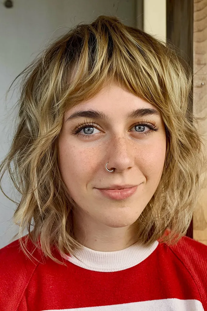 Shag din anii 70 pentru păr scurt blond cu straturi bucăți' title=