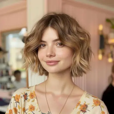 Short wavy hairstyle with curtain fringe