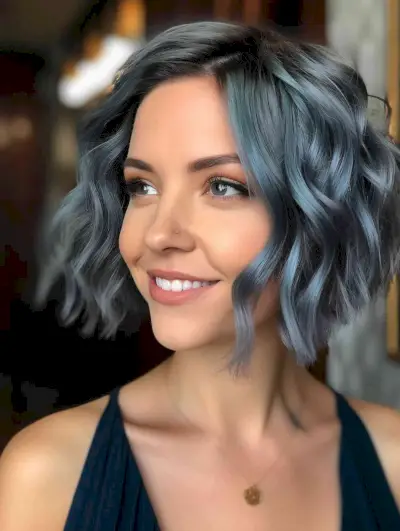 Blue metallic wavy inverted bob