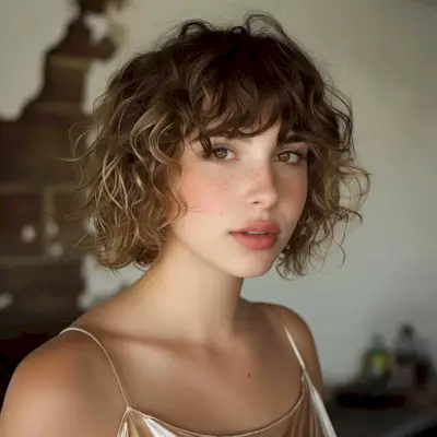 Short curly hair bob with bangs