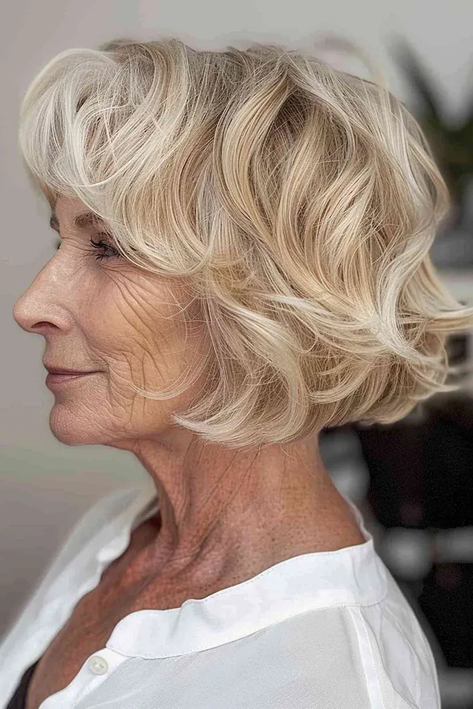 Chique blonde bob op kinlengte met korte strandgolven en dimensionale kleuren.' title=