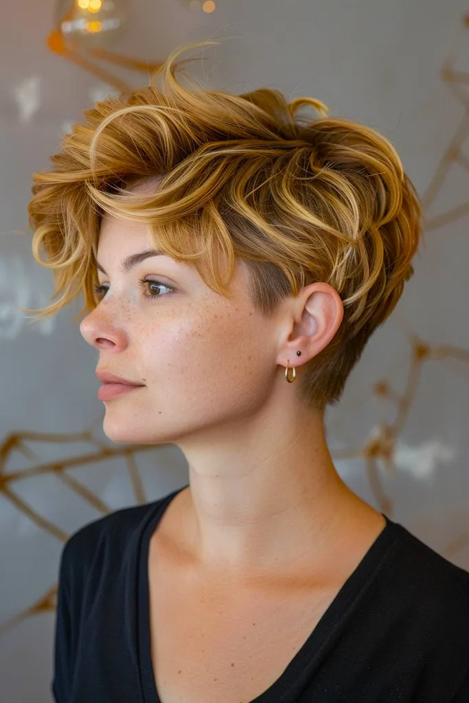 Zlato blond valovita pixie frizura z mehkimi plastmi' title=