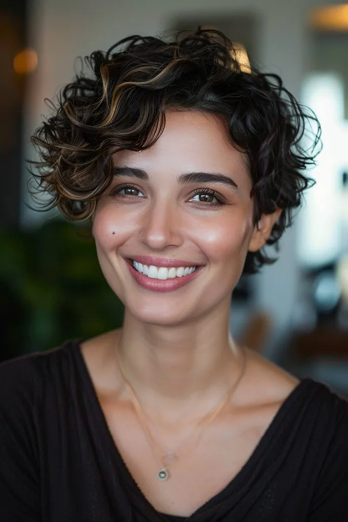 Curled pixie cut' title=