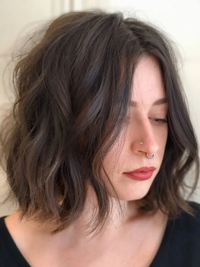 Taglio di capelli corto shag anni '70 senza frangia per un look pulito' title=