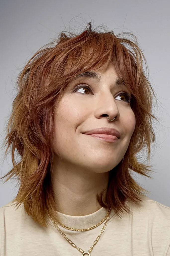 Taglio di capelli shag anni '70 per capelli corti con strati che incorniciano il viso' title=