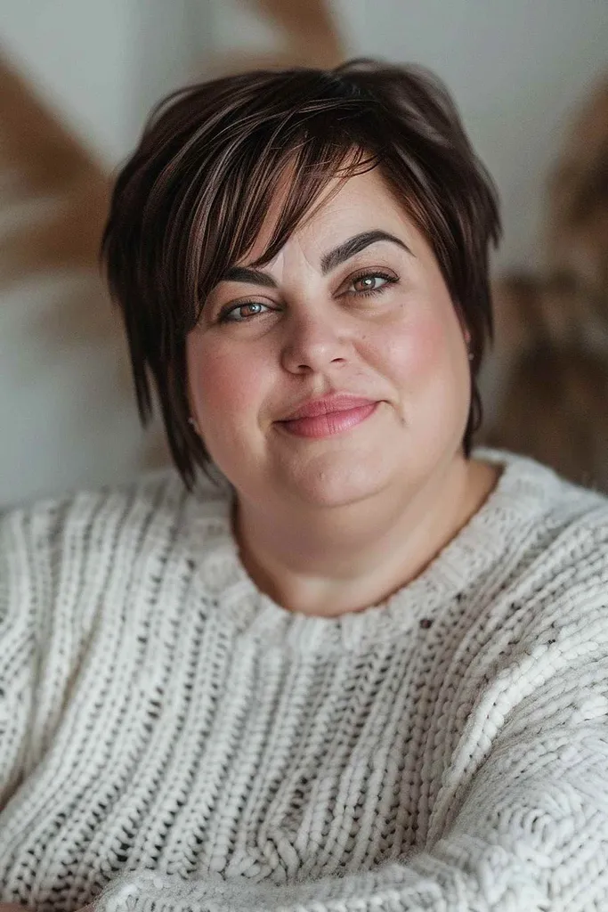 40代以上の女性のための横に流した前髪のシックなピクシーボブ' title=