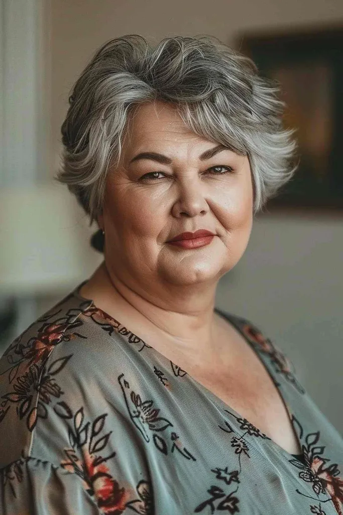 ナチュラルグレーのハイライトを加えた60歳以上の女性のためのスタイリッシュなピクシーボブ' title=