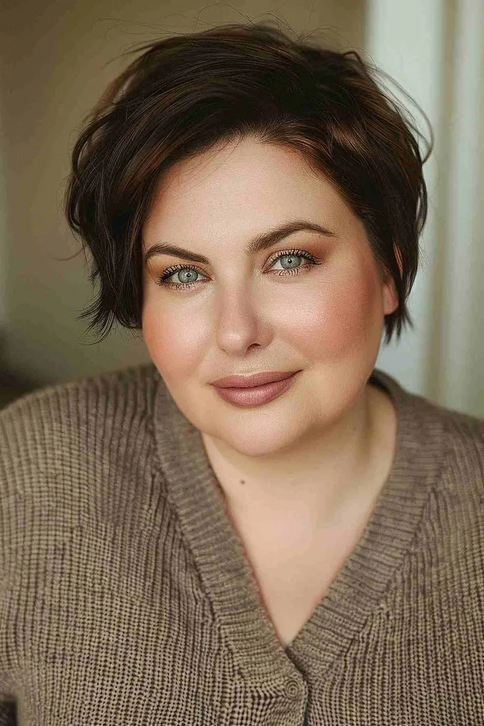 丸顔向けの柔らかいレイヤードピクシーボブのヘアスタイル' title=