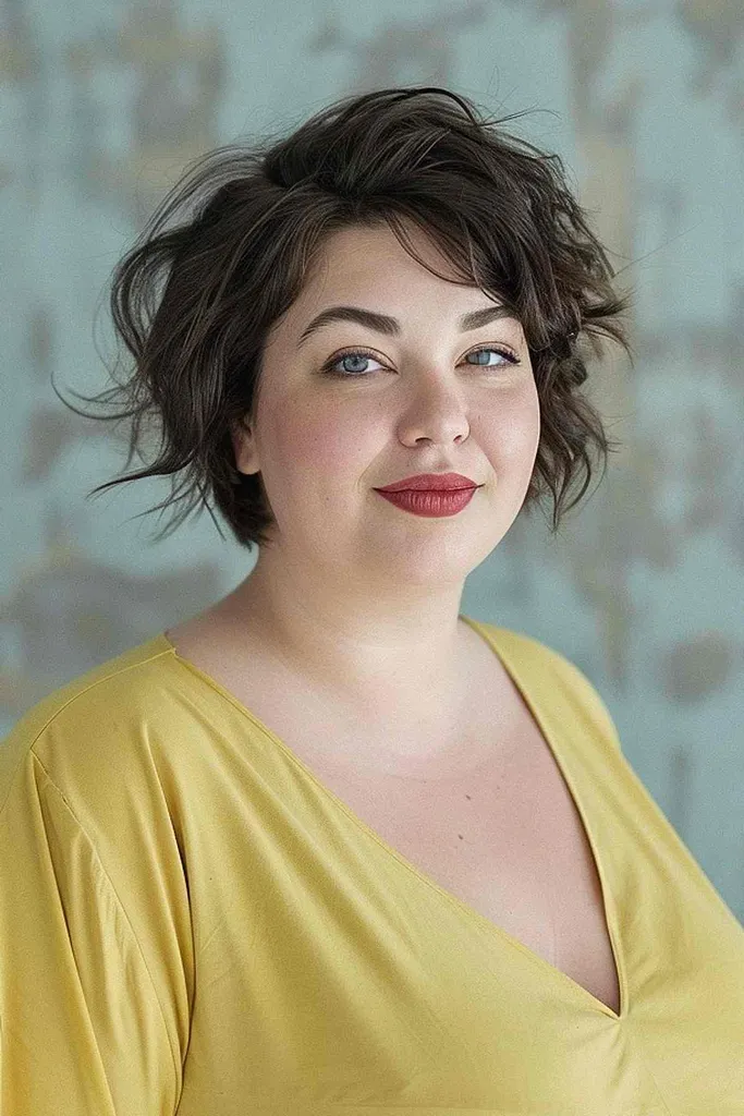 太い髪に自然なウェーブを加えた乱雑なピクシーボブ' title=