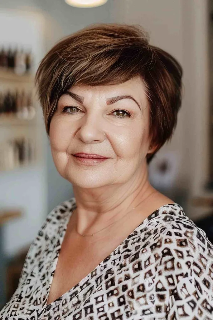 サイドに流した前髪とレイヤードテクスチャーを備えた、50歳以上の女性のためのスタイリッシュなピクシーカット' title=