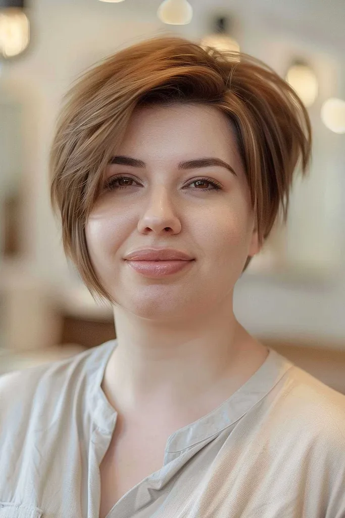 サイドに流した前髪を持つ女性の薄毛のためのボリュームのあるピクシーカット' title=