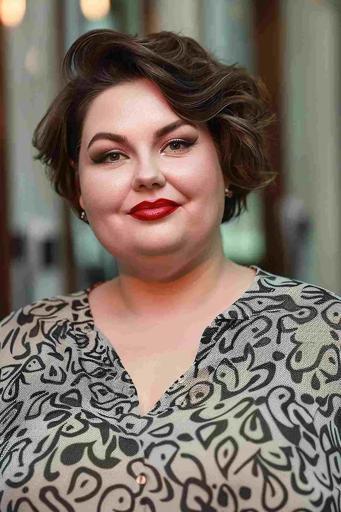 フェミニンなウェーブのかかったピクシーボブ、サイドパートにボリュームのある髪をプラス' title=