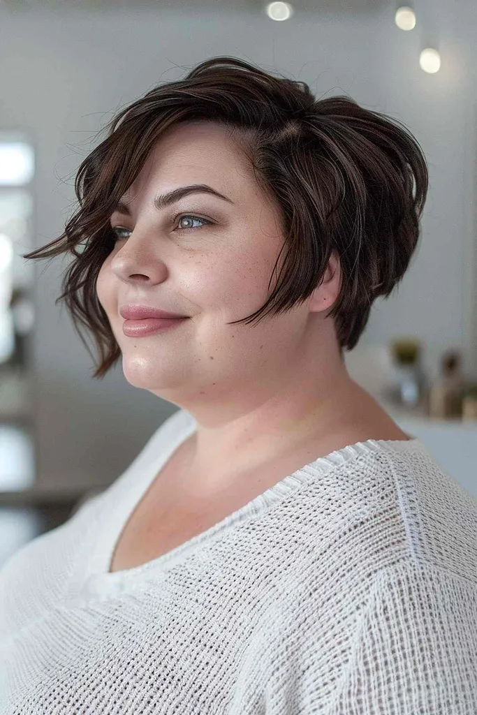 中程度から太い髪向けの乱れたレイヤーを重ねたピクシーボブ' title=