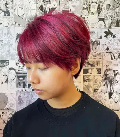 Magenta Ear-Length Pixie Bob on Straight Hair