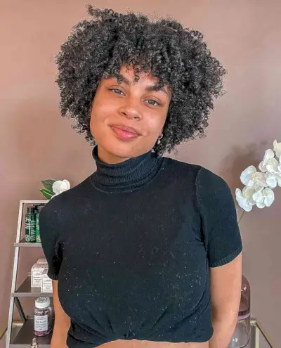 Fluffy Short Layered Cut with Bangs for Kinky Black Hair